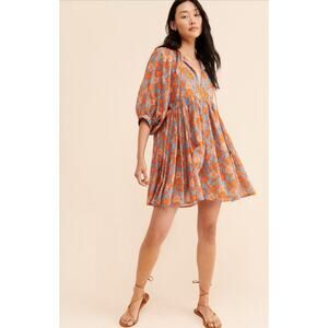 Anthropologie Sundry Floral Boho Peasant Orange Shift Dress Ballon‎ Sleeve US L